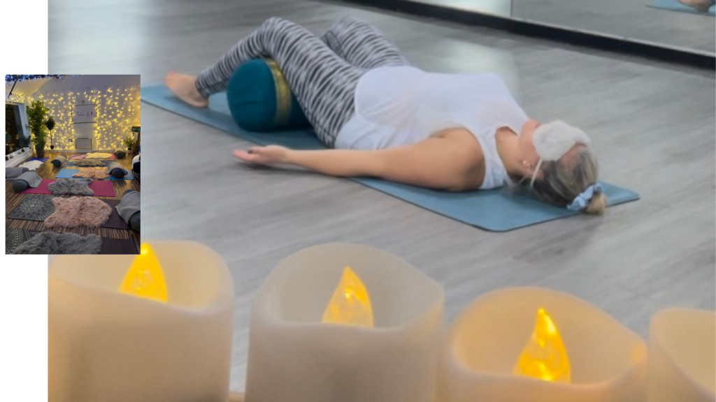 Nadine Hill in a supported savasana corpse pose reflecting relaxation and an inlay image of a yoga studio set up for a restorative session